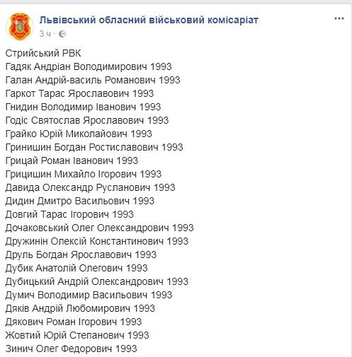 Львовский военкомат опубликовал в Facebook списки уклоняющихся от призыва